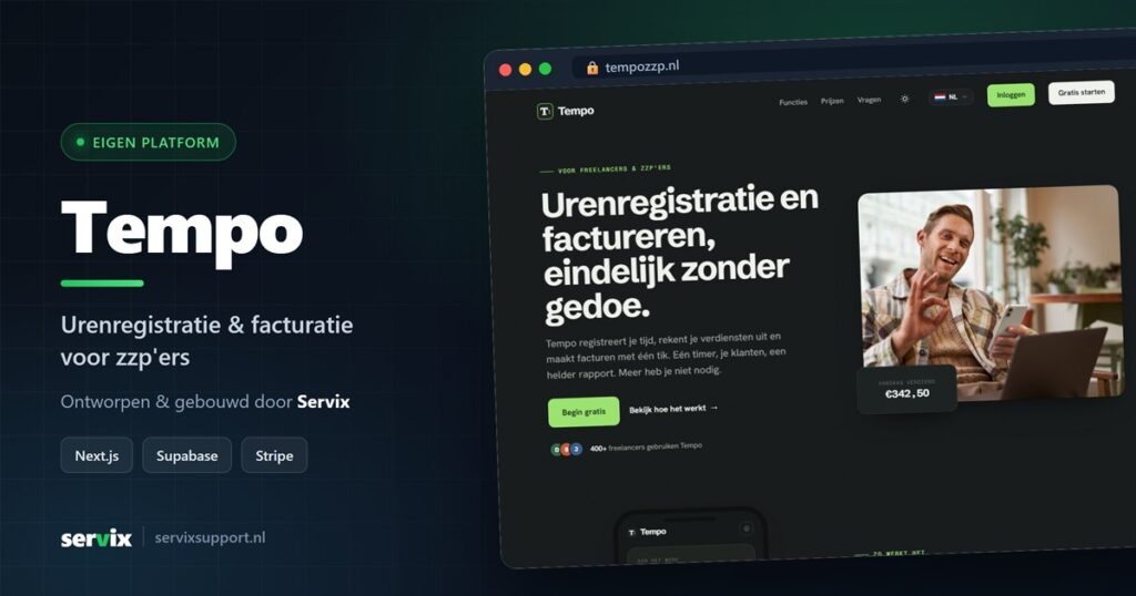 Tempo: platform voor urenregistratie en facturatie voor zzp'ers, gebouwd door Servix